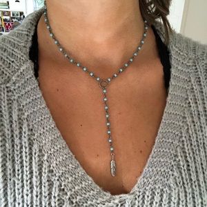 LIGHT BLUE + SILVER DROP DOWN FEATHER NECKLACE